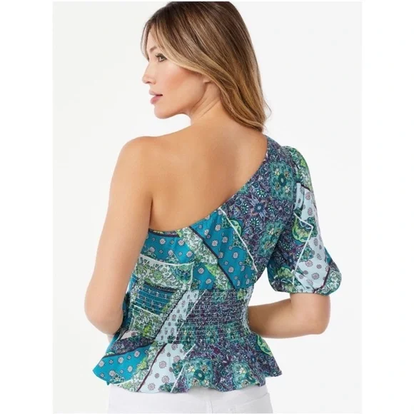 Sofia by Sofia Vergara Green and Blue One-Shoulder Blouse - Picture 3 of 5
